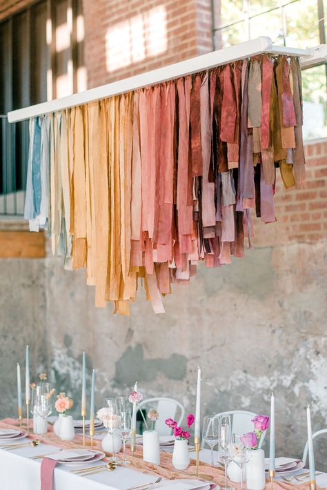 Wedding Reception | Learn about the creative process behind the muted rainbow ribbon chandelier that adorns this chic industrial micro wedding celebration. Ribbon Chandelier, Muted Rainbow, Rainbow Ribbon, Micro Wedding, Wedding Los Angeles, The Ceiling, Deco Table, Decoration Table, Wedding Trends