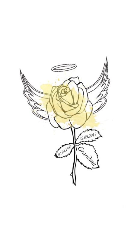 Yellow rose memorial tattoo for grandparent with angel wings & halo Great Grandparents Tattoo Memories, Yellow Rose With Angel Wings Tattoo, Small Grandma Memorial Tattoos, Tattoos In Memory Of Grandparents, Yellow Rose Memorial Tattoo, Flower With Angel Wings Tattoo, Rose Tattoo With Angel Wings, Grandma Tattoo In Memory Of Rose, Tattoo Designs For Grandma