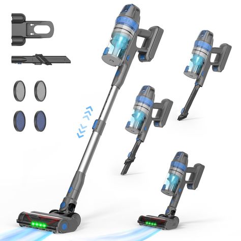 PRICES MAY VARY. 450W/38Kpa Powerful Suction — Equipped with a 450W brushless motor and 80,000RPM high-speed rotation, this cordless vacuum cleaner is able to delivers 38Kpa of strong suction, effortlessly tackling dust, crumbs, and pet hair from floors, carpets, and sofas—leaving your home spotless. 3-Hour Fast Charge & 55min Runtime — With a 2500mAh battery, our vacuum cleaner allows you to enjoy up to 55 minutes of cleaning in ECO mode or 20 minutes at maximum power, a full house clean on a s Electric Broom, Telescopic Pole, Roller Brush, Cordless Vacuum Cleaner, Stick Vacuum, Floor Carpet, Dark Corners, Cordless Vacuum, Floor Care