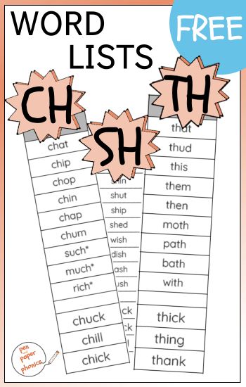 In need of a quick list of sh ch or th words? This free printable has one syllable (usually CVC pattern) words which use these consonant digraphs. And a fun game to play with them. Suitable for Kindergarten and First Grade. #digraphs #wordlists Digraph Word List, Blending Words First Grade, Diagraphs Kindergarten Free, First Grade Digraphs, Blend Words Kindergarten, Th Words List, Th Words Worksheets, Ch Digraph Activities, Kindergarten Digraphs