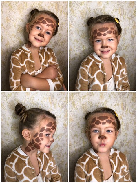 Giraffe Face Paint Easy, Giraffe Face Painting, Jungle Animal Face Paint, Giraffe Makeup Halloween, Giraffe Costume Kids, Diy Giraffe Costume, Giraffe Face Paint, Giraffe Makeup, Giraffe Make Up