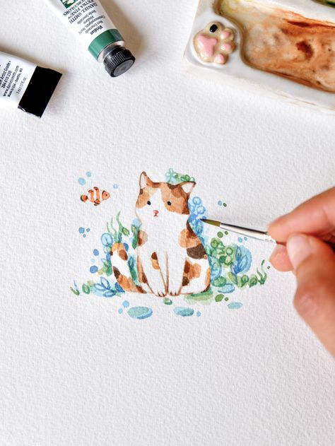 Pen Drawing Watercolor, Watercolor Drawing Simple, Watercolour Cats Simple, Watercolor Art Cute Cartoon, Watercolor Kawaii Art, Easy Beautiful Watercolor Paintings, Cat Watercolor Illustration, Cute Mini Watercolor Paintings, Watercolor Vintage Art