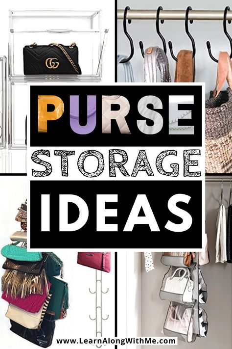 If you love your purses, but are frustrating by how to store them check out these 21 unique purse storage ideas. There are shelf options, ways to hang them in your closet, drawer organizers, and more. Which idea will be right for your collection? Ways To Organize Purses, Best Way To Store Bags And Purses, Organize Purses Small Space, Hang Purses In Closet, Small Closet Purse Organization, Pocketbook Storage Ideas, Organize Bags And Purses, How To Store Purses In Closet, Purses Organization Ideas