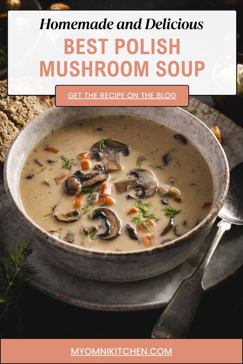 This Polish Mushroom Soup can be enjoyed during colder months as much as during the summer. The broth base gives it lightness, while the combination of dried and bella mushrooms gives it substance. This soup is light and filling at the same time. Adding creamy sauce at the end creates, smooth, satisfying finish. Polish Mushroom Soup Christmas, Mushroom Cabbage Soup, Oyster Mushroom Soup Recipe, Polish Mushroom Soup Recipes, Best Mushroom Soup Recipes, Cheesecake Factory Mushroom Soup Recipe, Polish Mushroom Soup, Best Mushroom Soup, Bacon Soup Recipes