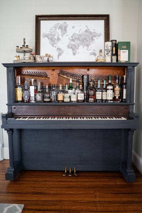 How to transform a piano into a hidden home bar - step by step tutorial with photos. Piano To Bar Diy, Turn Piano Into Bar, Bar Made From Old Piano, Diy Piano Repurpose, Piano Made Into A Bar, Piano Bar Repurposed Diy, Diy Piano Bar, Piano Turned Into Bar, Repurpose Piano Ideas