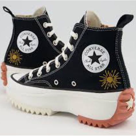 Brand New Never Worn Limited Edition Converse. Has Gold Sun Embroidery On The Sides And A Colorful Zodiac Print On The Inside Of The Shoe. Converse Runstar Hike, Runstar Hike, Star Hike Converse, Hike Converse, Run Star Hike Converse, Sun Embroidery, Embroidered Converse, Run Star Hike, Gold Sun