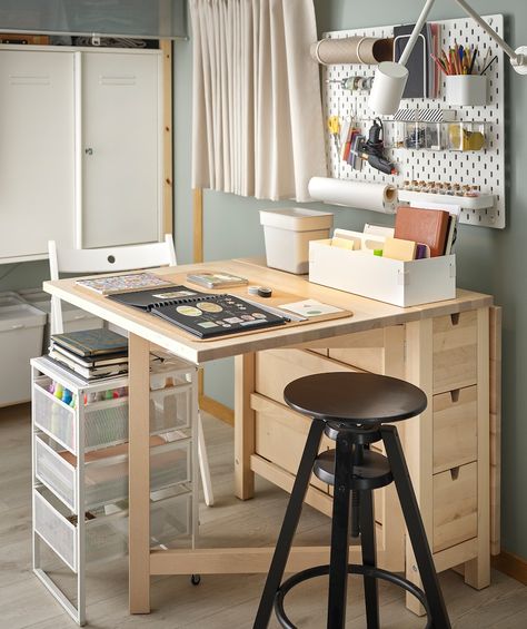 A NORDEN table arranged for scrapbooking, highly organised and accessories within reach on table, pegboard and in drawers. Norden Gateleg Table, Drawer Unit, Under The Table, Small Storage, Sewing Room, Drafting Desk, Folding Table, Craft Room, Space Saving