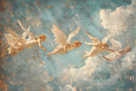 Ethereal Art Pc Wallpaper, Angelic Background Aesthetic, Angel Wallpaper Laptop, Light Academia Wallpaper Desktop, Aestethic Clouds, Heaven Background Aesthetic, Vintage Landscape Background, Vintage Angel Aesthetic, Angelic Paintings