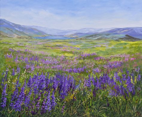 Mountain Landscape Painting Scottish Highlands Original Art Summer Floral Lupine Valley Acrylic Painting 20x24'' - Etsy Ukraine Scottish Landscape Painting, Lupine Flowers, Scottish Mountains, Mountain Landscape Painting, Reference Pics, Scottish Landscape, Art Summer, Mountain Paintings, Green Mountain