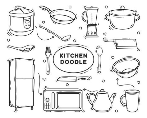 Hand drawn kitchen equipment cartoon doo... | Premium Vector #Freepik #vector #food #cartoon #kitchen #house Cartoon Kitchen, Kitchen Illustration, Cartoon Doodle, Doodle Design, Menu Book, Sketchbook Drawings, Doodle Coloring, Watercolor Paintings Easy, Dot Journals