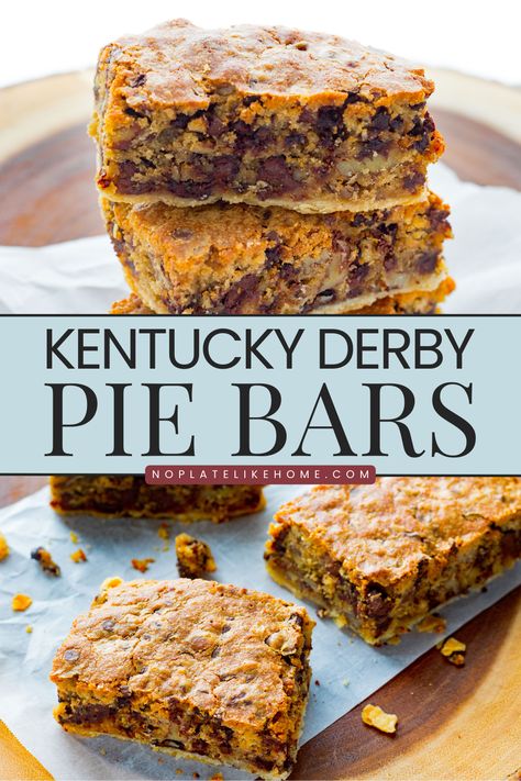 Kentucky Derby Pie Bars are cookie-like bars made with pecans and chocolate chips similar to Kentucky Derby Pie except they’re made with brown sugar but, not overly sweet. This finger dessert everyone will want to take a bite into. Derby Pie Bites, Derby Pie Bars, Kentucky Derby Desserts, Finger Dessert, Kentucky Derby Pie Recipe, Derby Pie Recipe, Award Winning Desserts, Derby Food, Kentucky Derby Food