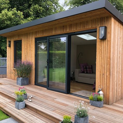 Garden Room With Office | Case Studies | Outside In Home In Garden, Studio Garden Room, Home Office Outbuilding, Bunkie Home Office, Summer House Patio Ideas, Outdoor Garden Buildings, Garden Room With Patio, Office In The Garden, Home Office Outside