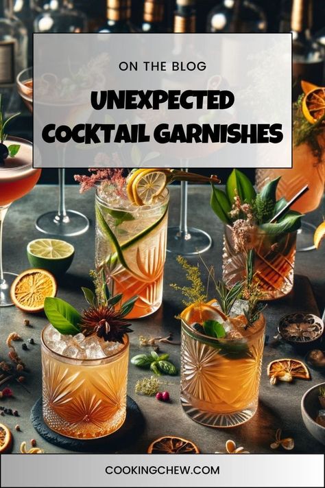 A collection of unexpected cocktail garnishes, including a pickled onion, a smoked rosemary sprig, and an edible flower. Unique Cocktail Garnish, Cocktail Garnishes, Drink Garnishing, Unique Drink, Colorful Cocktails, Fancy Cocktails, Cocktail Garnish, Unique Cocktails, Fancy Drinks