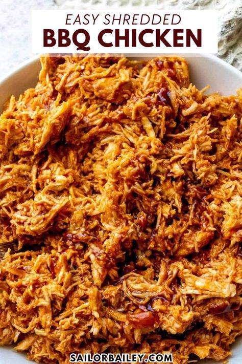 Enjoy this flavorful Shredded BBQ Chicken with my homemade BBQ sauce. This summer staple is easy enough for an easy dinner recipe busy weeknights while being a guaranteed hit for cookouts and BBQs. Serve it as a sandwich, make it into a wrap, or serve it on its own as a delicious appetizer! Shredded Bbq Chicken Oven, Boiled Bbq Chicken, Bbq Chicken Sandwich Sides, Good Supper Ideas, Shredded Bbq Chicken Recipes, Chicken Party Food, Quick Bbq Chicken, Shredded Bbq Chicken Sandwiches, Barbecue Chicken Recipes