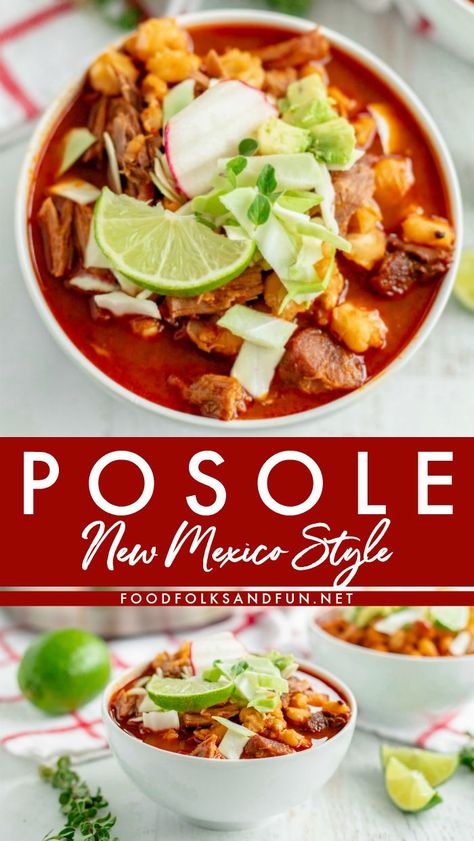 This New Mexico Posole recipe is a hearty, flavorful pork soup or stew that is made with New Mexico red chiles, garlic, pork, and hominy. #Posole #NewMexicanFood #NewMexico #Authentic #ComfortFood #Pork #Hominy #Christmas #ChristmasRecipe #Dinner #DinnerRecipe #recipe #foodfolksandfun Pazole Soup Mexican Posole Pork, Pazole Soup Mexican, Posole Recipe Pork, Pazole Soup, New Mexico Posole, New Mexico Posole Recipe, Pasole Recipe, Pork Posole, Posole Recipe