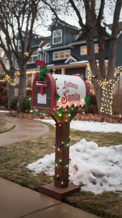 Diy Santa Mailbox Outdoor, Christmas Mail Box Decorations, Christmas Tree Mailbox Ideas, Letters To Santa Mailbox Decor, Santa Mailbox Ideas Diy, Letters To Santa Mailbox Diy, Santa Mailbox Diy, Mailbox Decorations For Christmas, Mailbox Christmas Decorations