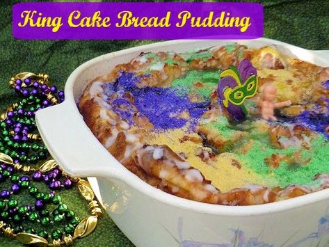 King Cake Bread Pudding | Ms. enPlace Cake Bread Pudding, King Cake Bites, Kings Cake Cupcakes, King Cake Recipe Easy, New Orleans King Cake, King Cake Recipe, Mardi Gras King Cake, Mardi Gras Food, Cake Bread