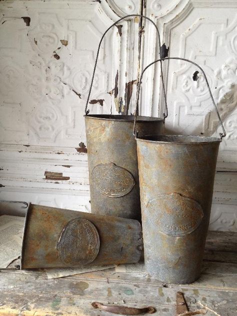 Embossed Metal Hanging French Flower Market Buckets (Set of 3 buckets) $59 French Flower Market, French Flower Bucket, Metal Buckets, Galvanized Buckets, French Flowers, Old Metal, Flower Bucket, Embossed Metal, Metal Bucket