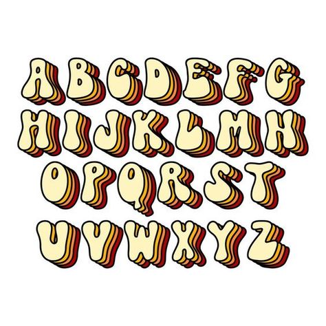 Groovy Lettering Fonts, Letter Drawings Doodles, Fun Typography Alphabet, Funky Letters Fonts, Doodle Alphabet Letters Handwriting, Hippy Font Alphabet, Groovy Bubble Letters, 70s Lettering Alphabet, Chunky Fonts Alphabet