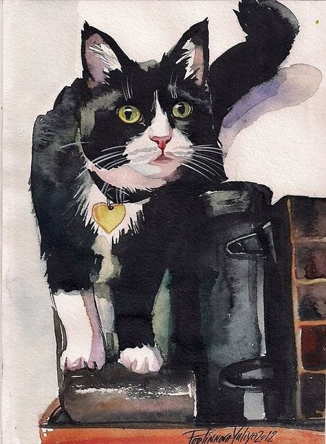 Kitty Pryde, Black And White Cat, Cat Artwork, Black And White Painting, Watercolor Cat, Tuxedo Cat, White Cats, Cats Illustration, Arte Animal