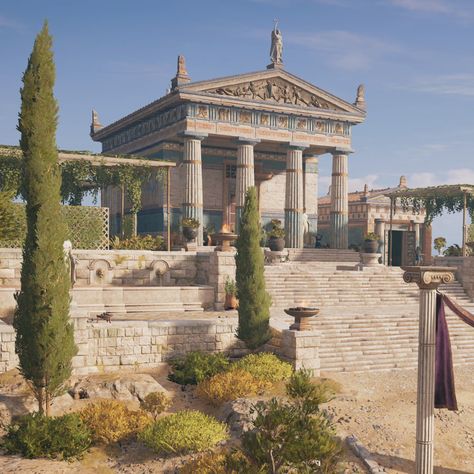 Level Art for Assassin's Creed Odyssey, Christian Marzy on ArtStation at https://www.artstation.com/artwork/YmQ4X Ancient Greek Architecture Aesthetic, Spartan Architecture, Ancient Greek Palace, Ancient Greece House, Ancient Greece Aesthetic Architecture, Greek Palace, Concept Art Architecture, Ancient Greek Buildings, Ancient Greece Architecture