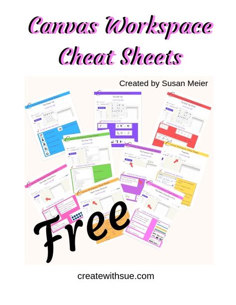 Canvas Workspace Cheat Sheets ~ Create With Sue - Let's Create Craft Canvas Workspace Tutorial, Canvas Lms Tips And Tricks, Canva Cheat Sheet, Canvas Learning Management System, Aesthetic Origami, Cute Paper Crafts, Canvas Lms, Canva Creations, Craft Ideas For Beginners