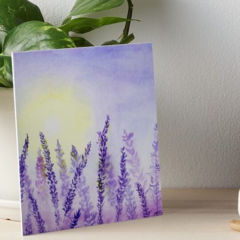 Professionally printed on firm, textured mat boards perfect for desks and shelves. Supplied with 3M velcro dots to easily affix to walls. Available in standard sizes. WatercolLavender Fields Watercolor Painting, Purple Floral Watercolor, Sunrise, Sunset Field of Lavender Flowers, Floral Art, Garden Paintingor painting of a lavender field at sunset Painting Ideas On Canvas Lavender, Lilac Field Painting, Purple And White Painting, Easy Purple Flower Painting, Lavender Sunset Painting, Lavender Haze Painting, Lavender Field Painting Easy, Lavender Painting Watercolor, Watercolor Garden Paintings Easy