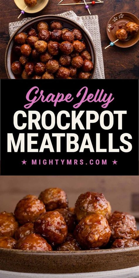 All you need is 3 ingredients to make these crockpot grape jelly meatballs! Everyone loves this super easy appetizer! Start with frozen meatballs, add concord grape jelly and chili sauce. So simple! The sweet and spicy glaze is so delicious! Everything slow cooks in the crockpot. Serve with toothpicks or a slotted spoon. Perfect for football or holiday parties. Great for camping too. If you don't have a crockpot, you can make these yummy meatballs on the stovetop as well. Meatballs With Grape Jelly And Chili, Spicy Meatballs Crockpot, Meatballs Grape Jelly Chili Sauce, Grape Meatballs, Jelly Meatballs Crockpot, Grape Jelly Chili Sauce, Easy Crockpot Meatballs, Sweet Meatballs, Grape Jelly Meatballs Recipe