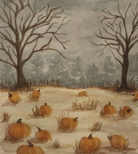 Fall Art Colored Pencil, October Aesthetic Painting, Vintage Halloween Painting Ideas, Downtown Painting Ideas, Pumpkin Patch Watercolor Painting, Cottage Core Watercolor Paintings, Watercolor Painting Fall, Cozy Fall Paintings, Fall Art Sketches