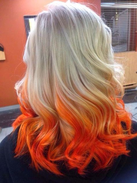 Blonde and Orange hair Orange Ombre Hair, Kelly Hair, Orange Hair Dye, Flame Hair, Cheveux Oranges, Hair Color Orange, Dip Dye Hair, Dyed Blonde Hair, Beautiful Hair Color