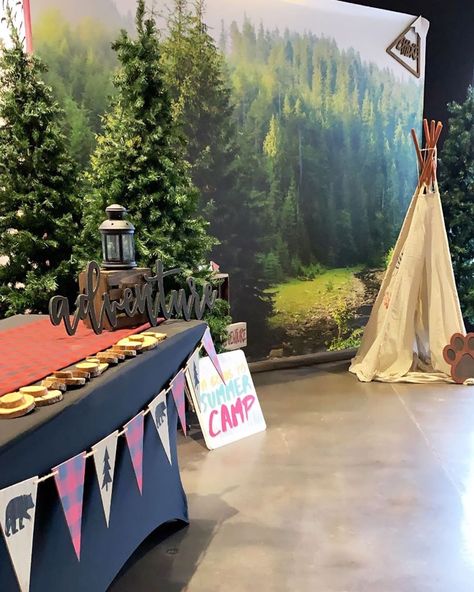 Camp Booth Design, Camping Stage Design, Camping Photo Backdrop, Camping Backdrop, Camp Backdrop, Camp Vbs, Camping Theme Birthday, Vbs Decorations, Camping Theme Classroom