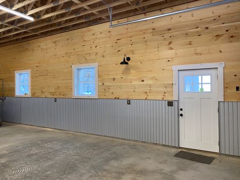 Inexpensive Shop Walls, Tongue And Groove Garage Walls, Shiplap Wall Garage, Garage Makeover Living Spaces Man Caves, Shiplap In Garage, Corrugated Metal Wall Garage, Garage Shiplap Wall, Shiplap Garage Interior, Pole Shed Interior Ideas