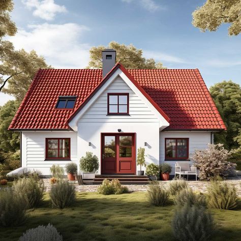 House Paint Exterior With Red Roof, House Exterior With Red Roof, Red Roof House Colors Colour Schemes, Red Roof White House, House With Red Roof, Home With Red Roof, Red Roof House Colors Home Exteriors, White House Red Tile Roof, Red Metal Roof