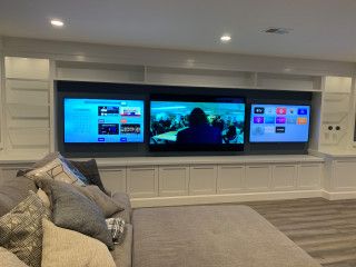 Multiple TV Wall - Farmhouse - Basement - DC Metro - by Custom Works AV Inc | Houzz Multiple Tv Wall Design, Gaming Room 2 Tvs, Multiple Tvs In Basement, Basement Multiple Tv Wall Ideas, Double Tv Game Room, Basement Multiple Tv Wall, 2 Tvs In Living Room, Two Tvs In One Room Ideas Tv Walls, 3 Tv Setup Man Cave