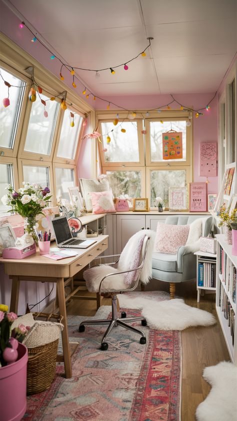 Design a sunroom office that's both bright and cozy. Utilize natural light and comfortable decor to create a workspace that feels inviting and inspiring. Perfect for those who love a cozy home office setup. #sunroom #cozyhomeoffice #homeofficedecor #officecolors #naturalight #officeinspo #officeorganization #homedécor #decoration #homeofficeideas Office And Art Room Ideas, Funky Office Decor, Pink Home Office Ideas, Library Sunroom, Pink Office Aesthetic, She Shed Office Ideas, Girly Office Space, Cute Desk Setup, Bright Home Office