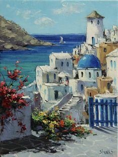 Grece Paintings, Santorini Greece Painting Easy, Greece Canvas Painting, Paintings Of Greece, Greece Landscape Painting, Greek Landscape Painting, Santorini Greece Painting, Santorini Painting, Paint On Canvas For Beginners