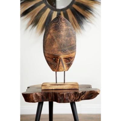 Burnished Brown Carved Tribal Mask Reclaimed Wood Sculpture on Albizia Wood Stand Charred Wood, Reclaimed Wood Art, Carved Designs, Boho Chic Decor, Wood Stand, Wood Sculpture, Brown Wood, Acacia Wood, Teak Wood