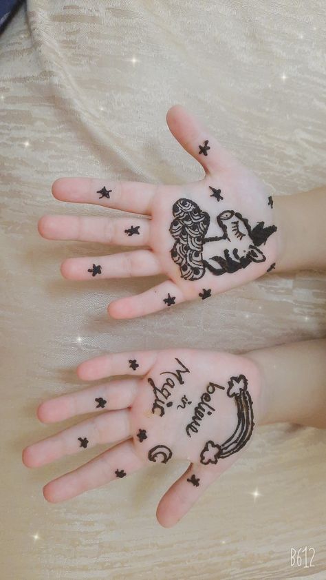 UNICORN 🦄  HENNA MEHENDI , BELIEVE IN MAGIC Baby Girl Mehendi Design, Children Mehendi Designs, Unicorn Henna Designs, Unicorn Mehendi, Small Henna Designs Fingers, Unicorn Mehndi Designs, Mehendi Designs For Hands For Kids, Children Mehndi Design, Child Mehndi Design