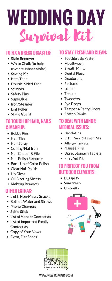 What to Pack: Wedding Day Survival Kit! As you finalize your preparations, think about packing a wedding emergency kit for the day of the wedding. You never know what may come up, and trust me, you’ll want to be prepared for anything! To help, I created this handy little list of items that you can throw in your kit so if wedding day disaster strikes, you’re ready. Wedding Day Survival Kit, Bride Emergency Kit, Wedding Checklist Detailed, Wedding Emergency Kit, Wedding Day Checklist, Classy Halloween, Boda Mexicana, Planning Checklist, Wedding Planning Checklist