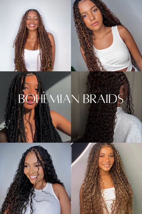 Boho braids for spring/summer, hairstyle, braids, curly hair, long hair, bohemian hairstyle Braids Curly Hair, Curly Hair Long, Boho Braid, Hairstyle Braids, Bohemian Hair, Vacation Hairstyles, Bohemian Braids, Bohemian Hairstyles, Boho Braids