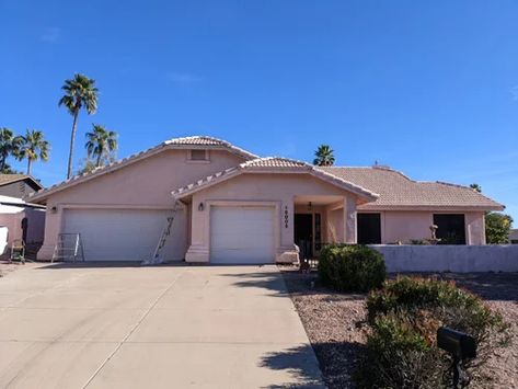 Exterior Update 90s Southwest/Mediterranean Stucco House Pink Tile California House Aesthetic Exterior, 90s Stucco Exterior Update, Arizona House Exterior, Southwest Home Exterior, Desert Home Exterior, Stucco House Colors, Home Exterior Colors Schemes, Fountain Hills Arizona, Modern Desert Home