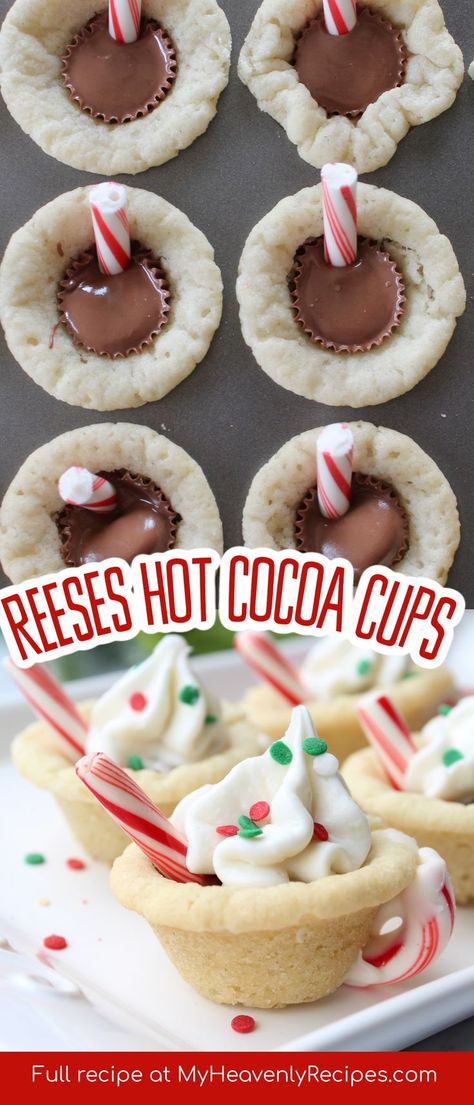 Reeses Cookies Cups, Hot Cocoa Cup Cookies, Hot Cocoa Brownie Cups, Hot Cocoa And Cookies Party, Christmas Cookie Cups Recipes, Christmas Dirt Cups, Hot Cocoa Cookie Cups, Hot Chocolate Cookie Cups Recipe, Brownie Cookie Cups