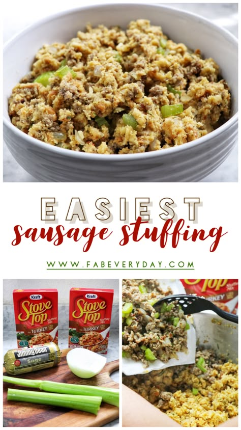 Easiest Sausage Stuffing Recipe - Thanksgiving Side Dish Hack! - Fab Everyday Sausage Stuffing Using Stove Top, Stuffing Recipes Thanksgiving Sausage Easy, Stuffing And Sausage Recipes, Sausage Stove Top Stuffing, Sausage And Stove Top Stuffing, Sausage Stuffing With Stove Top, Stuffing With Pork Sausage, Stove Top Stuffing With Sausage Recipes, Stovetop Stuffing Hacks