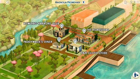 Mod The Sims - Magnolia Promenade renovation #3 | Paddywack's Diner | NO CC Sims 4 World Rebuild Ideas, Sims 4 Magnolia Promenade Build, Sims 4 Magnolia Promenade, File Aesthetic, Magnolia Promenade, Oasis Springs, File Ideas, Building Inspiration, Map Layout