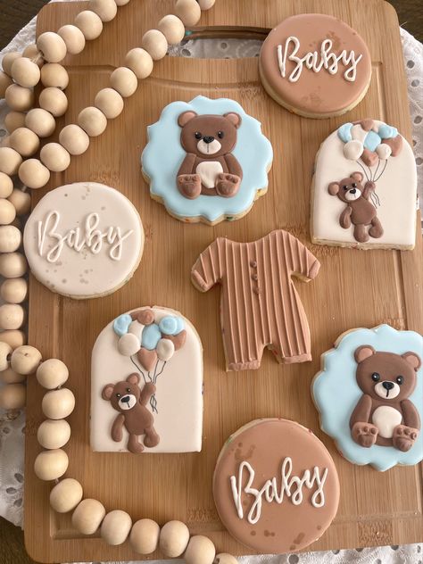 Teddy Bear Baby Shower Sugar Cookies, We Can Bearly Wait Cookies, Bear Cookies Decorated, Teddy Bear Sugar Cookies, Bear Baby Shower Cookies, Bear Sugar Cookies, Sibling Baby Announcements, Rolled Cookies, Cookie Gift Packaging