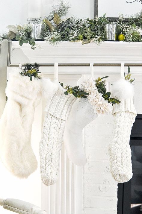 How To Hang Christmas Stocking On Mantel, Hanging Christmas Stockings On Mantel, Stocking Theme Ideas, Hanging Christmas Stocking Ideas, How To Hang Stockings On Mantel, White Christmas Stockings Ideas, Christmas Stocking Hanging Ideas, Stocking Hanging Ideas, Seasons Decorations