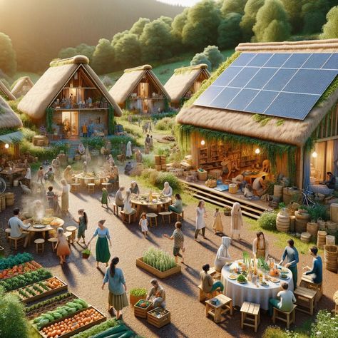 Living in Harmony: A Glimpse Into Eco-Village Life Eco Friendly Future City, Solarpunk Village, Eco Village Design, Ecovillage Design, Sustainable Village, Eco Village Community, Eco Community, Community Village, Modern Village