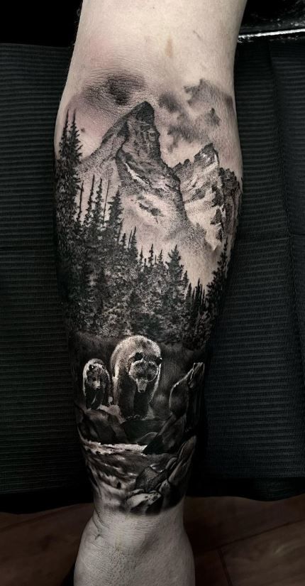 Three Bear Tattoo, Bear In Woods Tattoo, Deer Shoulder Tattoo, Wildlife Sleeve Tattoo For Women, Bear Nature Tattoo, Bear Tattoos For Men Forearm, Black Bear Tattoos, Bear Forearm Tattoo, Realistic Bear Tattoo