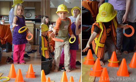 a fun CONSTRUCTION THEMED BIRTHDAY PARTY- Ring Toss Contractors style Mining Birthday Party, Construction Party Games, Construction Theme Birthday Party, Construction Theme Party, Oktoberfest Party, Birthday Activities, Construction Birthday Parties, Trucks Birthday Party, Construction Theme