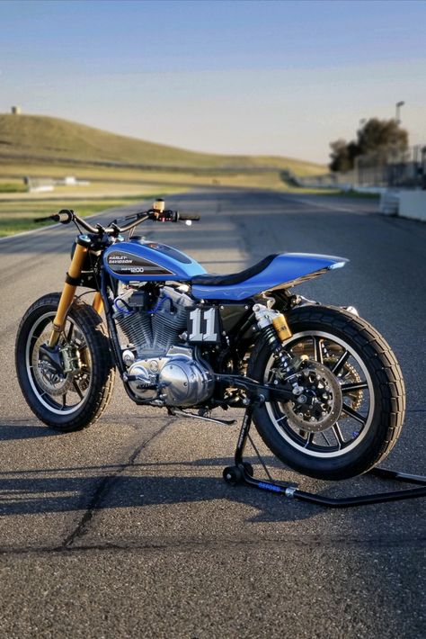 2001 Harley-Davidson 1200 Sportster street tracker by Bill Brosius, built in tribute to his father and their shared love of flat track racing. Harley Davidson Flat Tracker, Harley Flat Tracker, Harley Davidson Tracker, Sportster Tracker, 1200 Sportster, Street Tracker Motorcycle, Sportster Cafe Racer, Harley Davidson 1200, Flat Track Racing